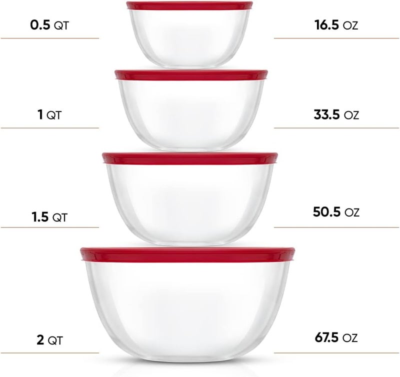 JoyJolt Kitchen Mixing Bowls - 8pc Glass with Lids Set – Neat Nesting Large Bowl Batter Cooking Storage and Big Salad BPA-Free Red - Image 2